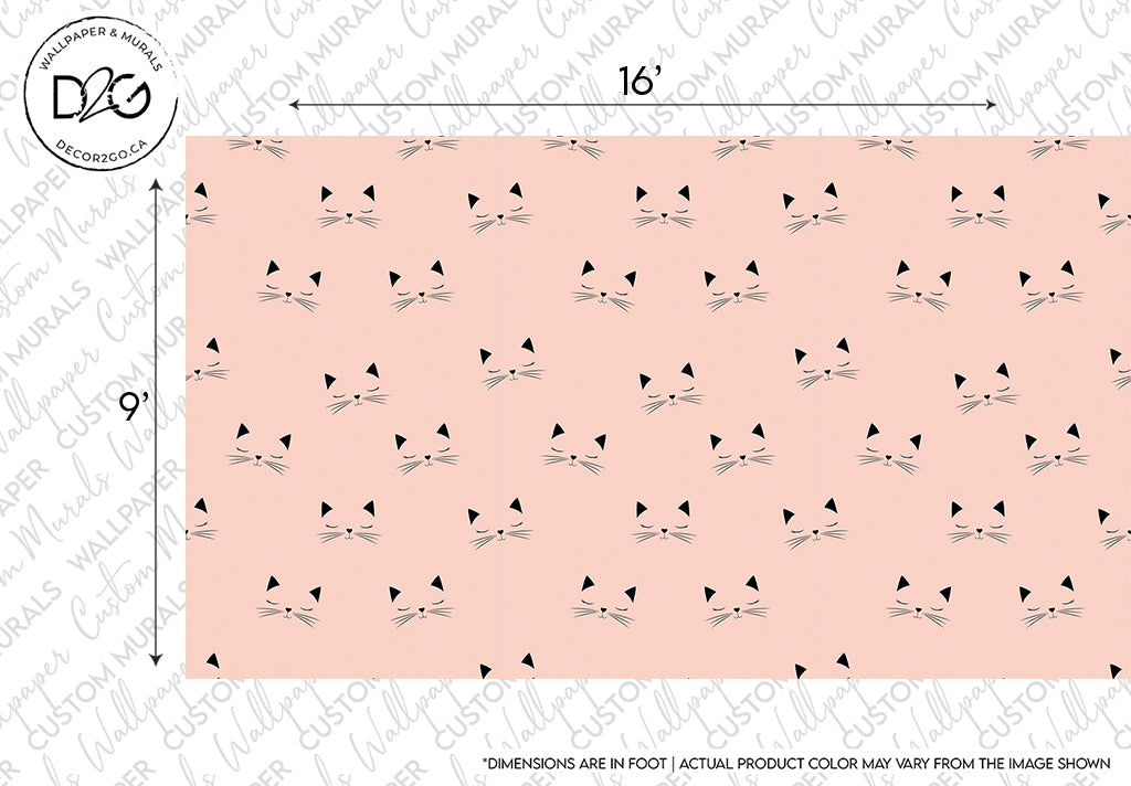 A rectangular graphic of a peach-colored "Cat Love Wallpaper Mural" design featuring a repeating pattern of black cat faces with measurements "16 inches by 59 inches" noted on the sides.
