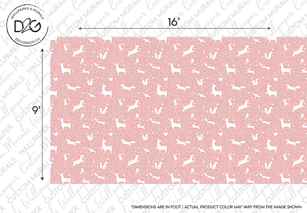 Illustration of a Decor2Go Wallpaper Mural Pink Woodland Animals Wallpaper Mural featuring repeated white rabbit motifs, marked with dimensions 16"x9" at the top right, and a logo "d&g paper co." on the top.