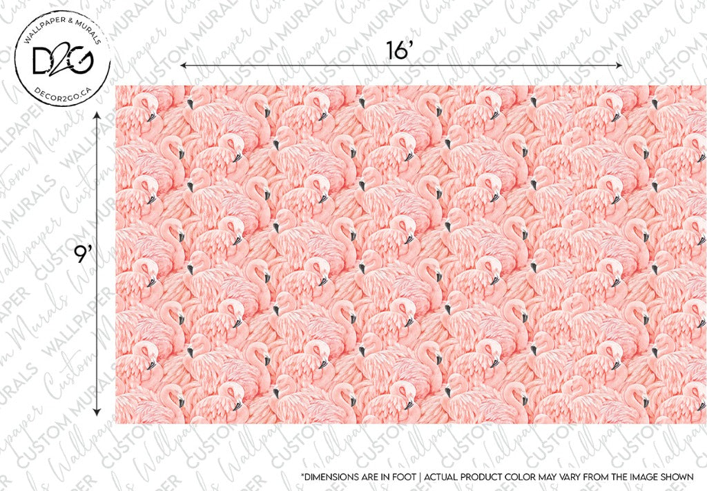 A Pink Flamingos Mural Wallpaper sample for a flamingo lover, featuring numerous pink flamingos on a speckled light pink background, bearing the logo "Decor2Go Wallpaper Mural" in the upper left corner.