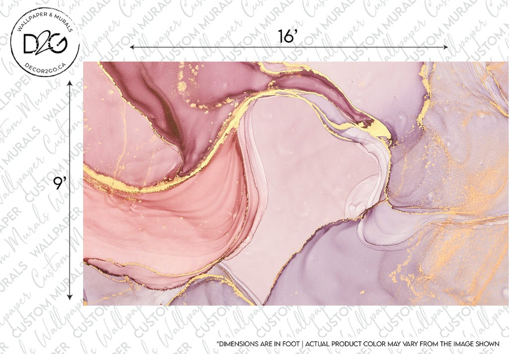 Abstract art featuring swirling patterns of pink, purple, and gold on a Decor2Go Wallpaper Mural background, with a ruler at the top for scale. Notations indicating dimensions are present.