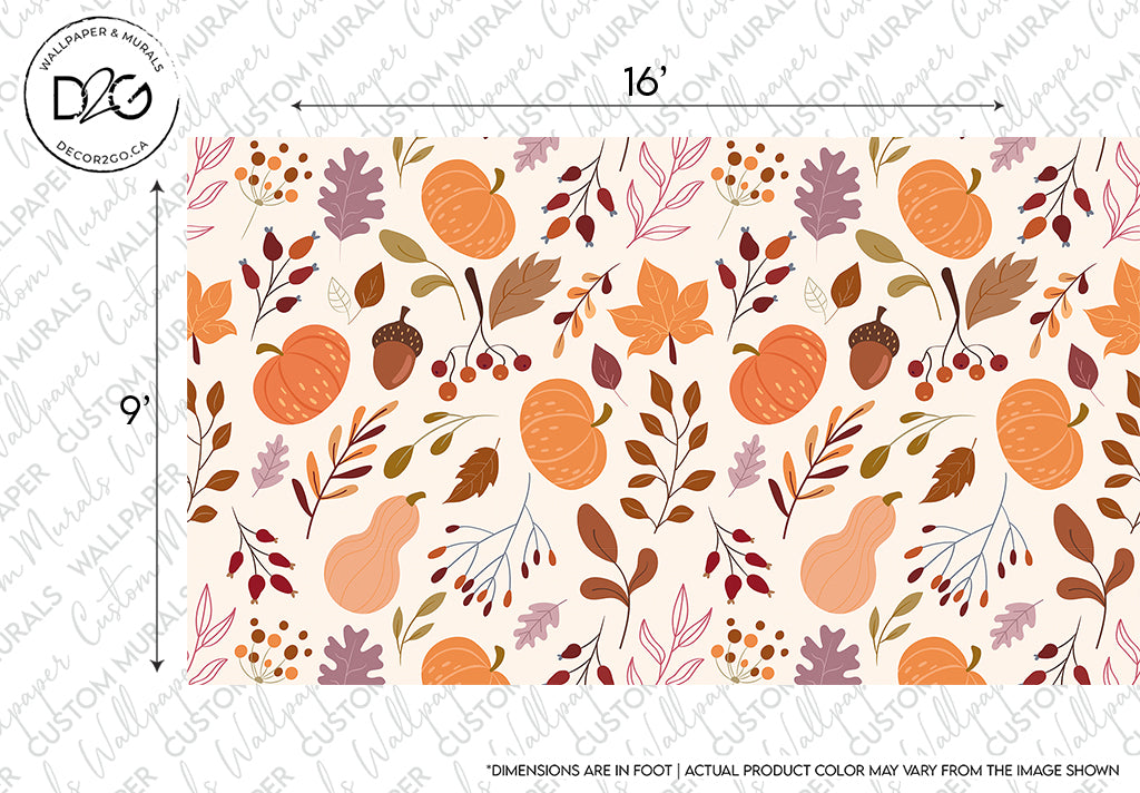 A Decor2Go Wallpaper Mural featuring a pattern of autumnal elements such as pumpkin illustrations, leaves, acorns, and berries in warm orange, brown, and red tones with dimensions indicated on a Pumpkins & Leaves Wallpaper Mural.