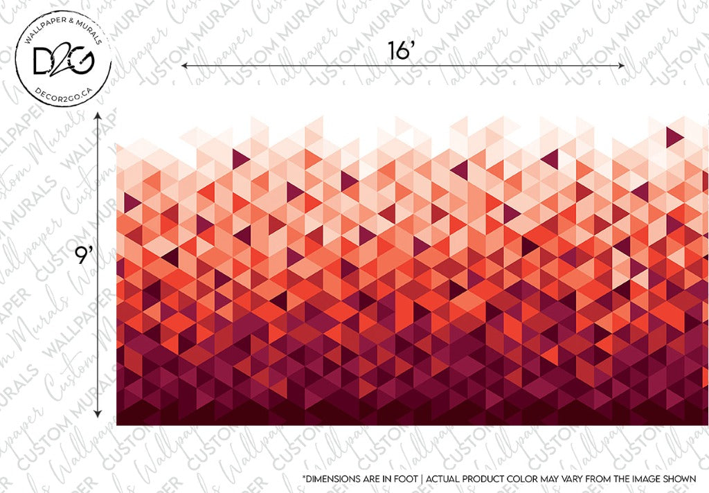 Digital Red Triangular Patterns Wallpaper Mural featuring a gradient of triangles transitioning from white at the top to deep red at the bottom. The design includes dimensions and a company logo in the upper left corner, now enhanced with Decor2Go Wallpaper Mural.