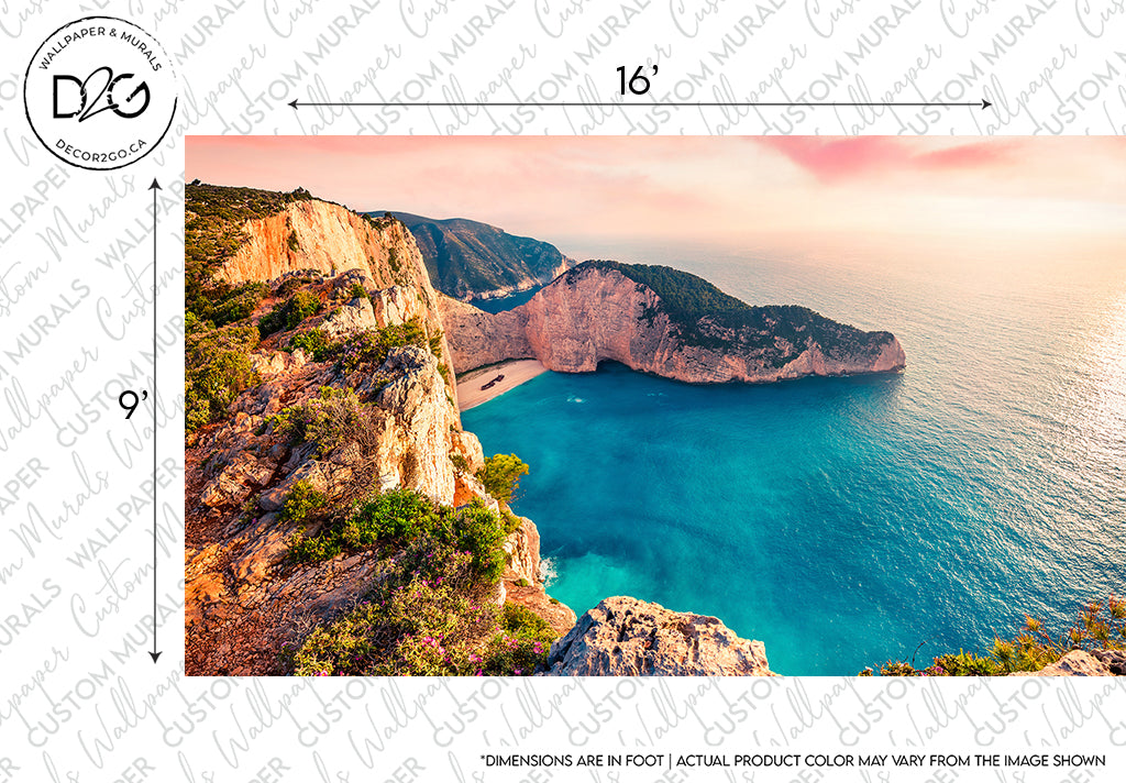 A panoramic view of a coastal landscape featuring high cliffs, a sandy cove, and turquoise waters, captured as a Sea Horizon Wallpaper Mural from Decor2Go Wallpaper Mural with warm lighting at sunset.
