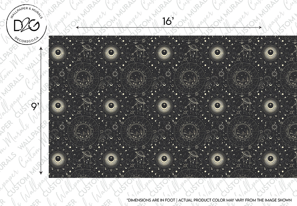 Design blueprint of a Solaris Wallpaper Mural with circular perforations and decorative paisley patterns, featuring sacred geometry elements, labeled with dimensions 16" by 9", in black and white by Decor2Go Wallpaper Mural.