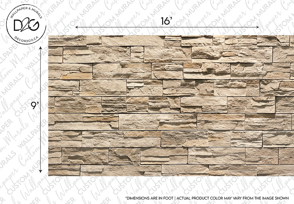 A textured wall made of layered Taupe Brick Wallpaper Mural tiles, measured with dimensions labeled as 16 inches in width and 9 inches in height. A watermark indicating "d&g decoroc".