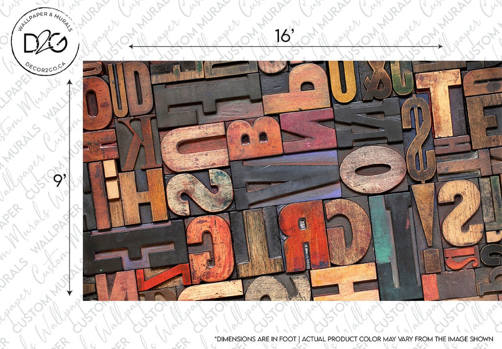 An assortment of vintage wooden printing blocks in various sizes and fonts, featuring letters and numbers, displayed closely together. The colors range from natural wood to a colorful weathered look.Additionally, the assortment includes the Typography Wallpaper Mural from Decor2Go Wallpaper Mural.