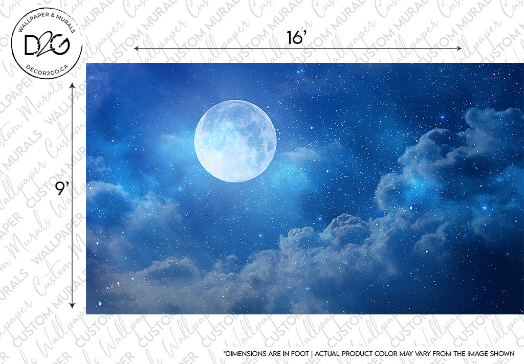 A large, bright full moon in a dark blue starlit sky with scattered clouds. This Under the Moonlight Wallpaper Mural from Decor2Go Wallpaper Mural is ideal for bedrooms and relaxing areas. The image includes dimensions and a disclaimer stating the color.