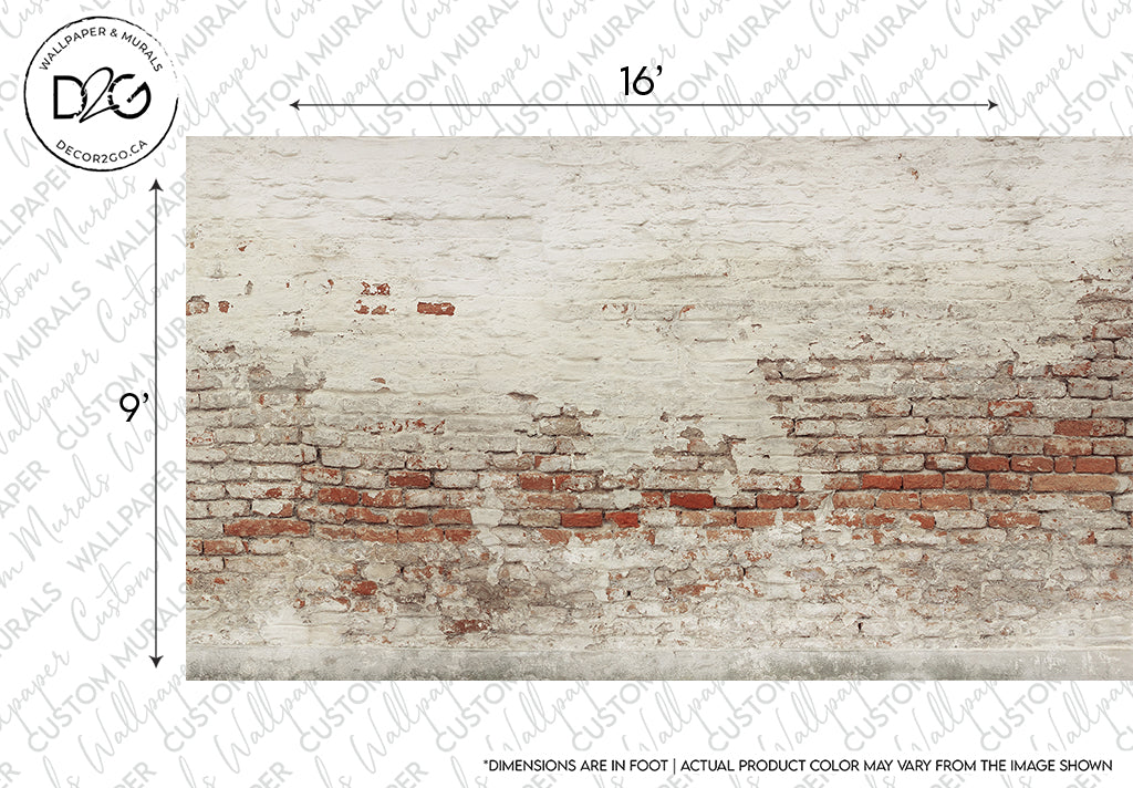 A textured image of a weathered white brick wall, characteristic of urban design, showing patches of exposed red bricks beneath, with dimensions labeled as 16 by 9 inches featuring the Decor2Go Wallpaper Mural Urban Style.
