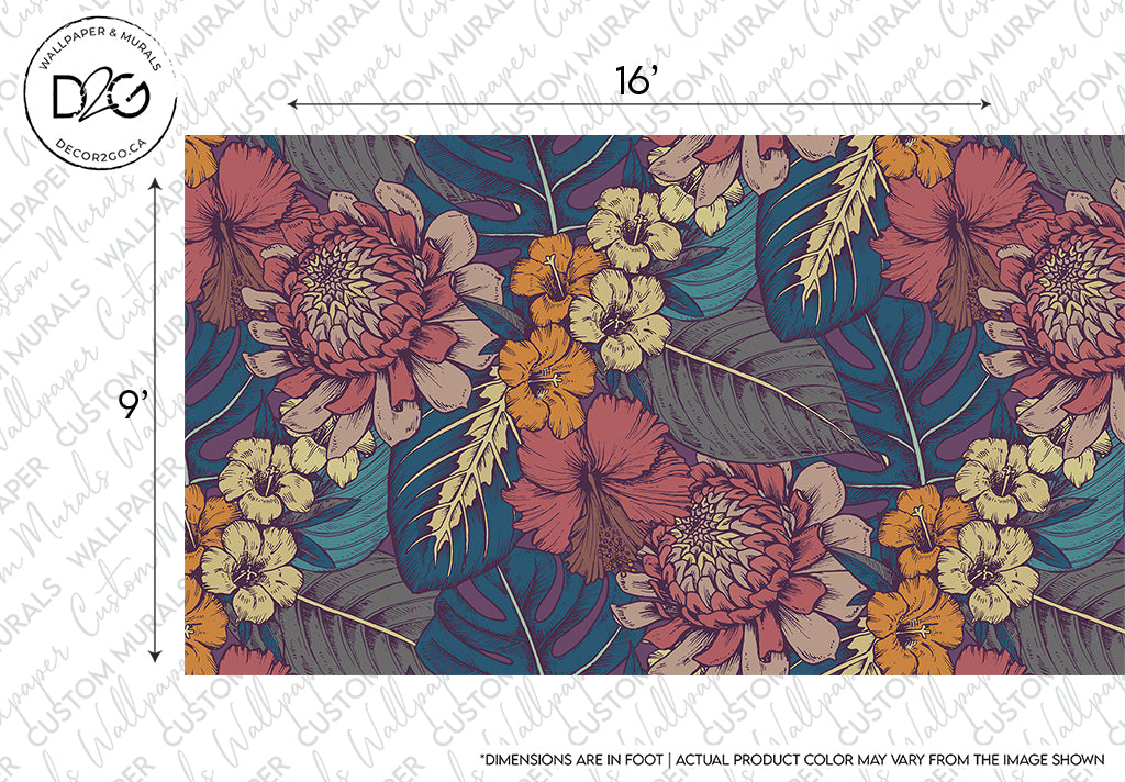 A Decor2Go Wallpaper Mural vintage pink wallpaper pattern featuring large muted blooms, smaller orange and yellow flowers, interspersed with green foliage, displayed with dimensions for scale.