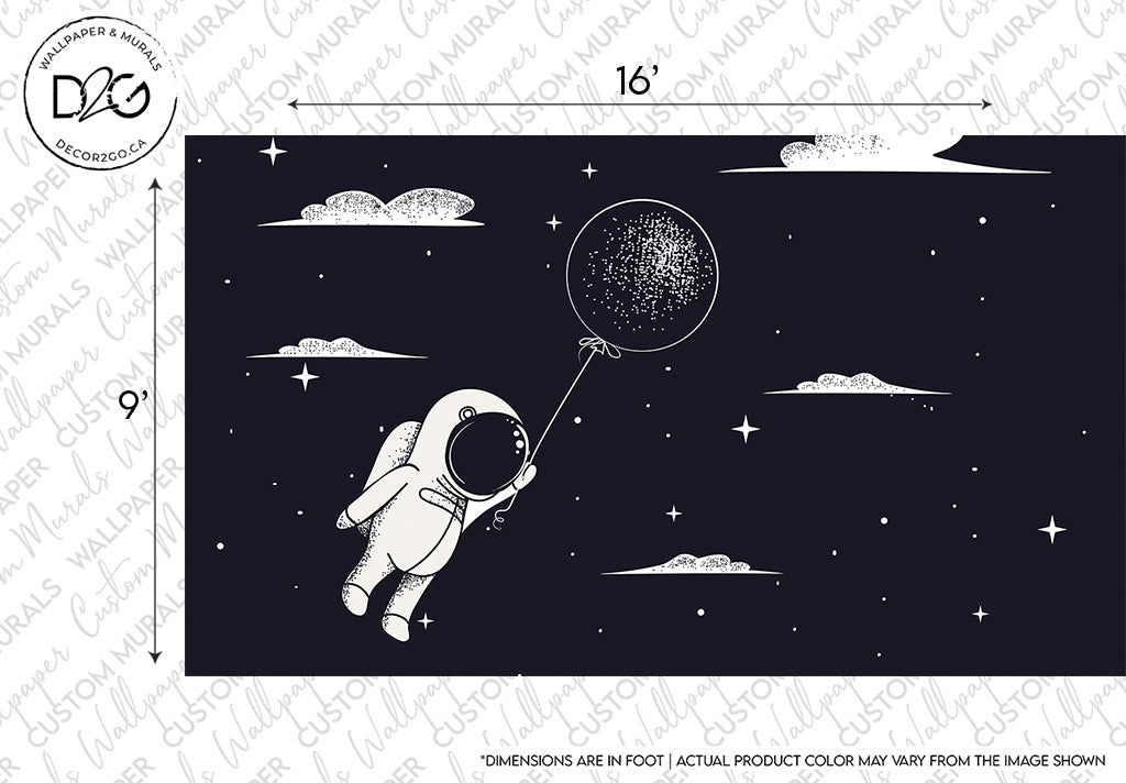 Illustration of an astronaut in space, floating while holding a balloon that resembles a glowing moon. Stars and clouds surround them on a sparkly night Wanderlust Wallpaper Mural from Decor2Go Wallpaper Mural backdrop.