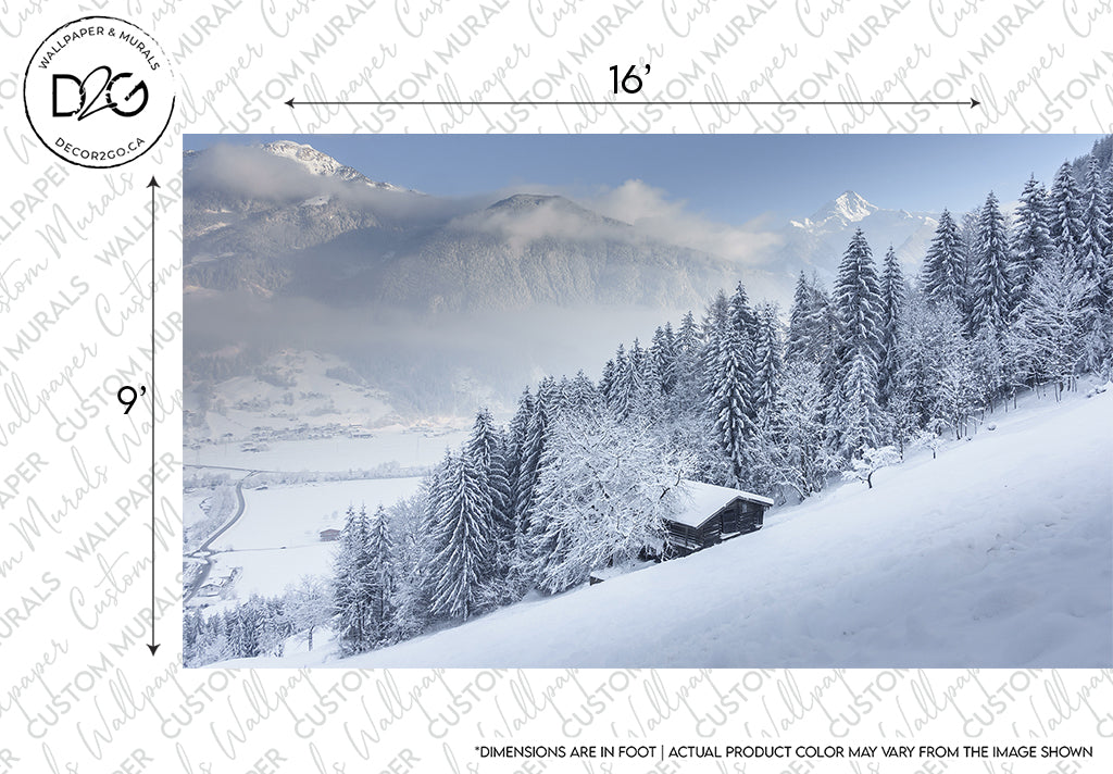 A serene Winter Is Coming Wallpaper Mural by Decor2Go depicting a snow-capped forest with dense woods and a small cabin on a hillside, under a clear sky. Letters and measurements are overlaid on the image.