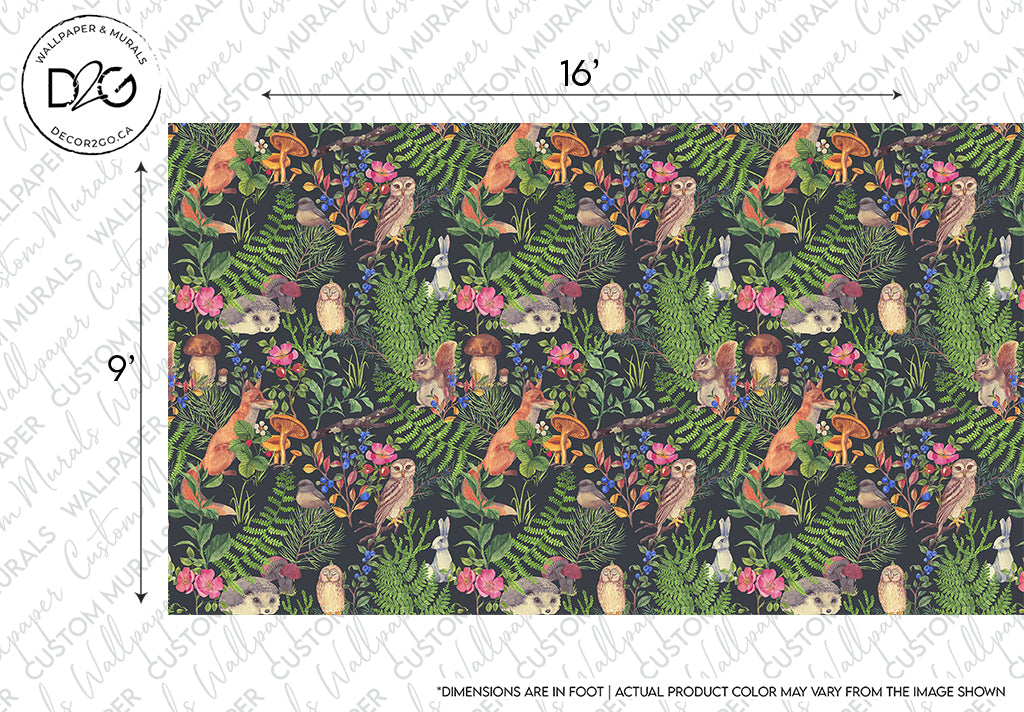 A vibrant Woodland Wonder Wallpaper Mural featuring a dense, colorful pattern of tropical flowers, various leaves, and scattered butterflies on a dark background. Text and logos indicate dimensions and company branding for custom mural design by Decor2Go Wallpaper Mural.