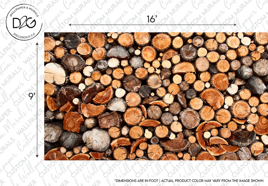 Aerial view of neatly stacked piles of variously sized and colored firewood, showcasing a rich texture and pattern of round wood logs with visible dimensions marked at 16 by 9 feet, perfect for World of Wood Wallpaper Mural by Decor2Go Wallpaper Mural.