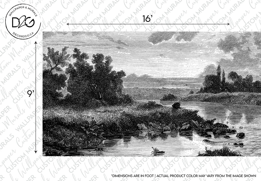 The Mystic Lake Wallpaper Mural by Decor2Go Winnipeg portrays a serene black and white landscape featuring a tranquil lake. On the left side, dense trees line the riverbank, while grassy terrain extends to the right. The sky is sprinkled with clouds, and distant hills can be seen on the horizon.