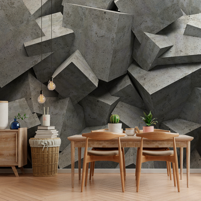 Abstract 3D mural featuring a textured arrangement of concrete cubes, creating a modern and industrial aesthetic for interior decor in the dining room