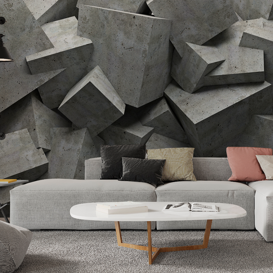 Abstract 3D mural featuring a textured arrangement of concrete cubes, creating a modern and industrial aesthetic for interior decor