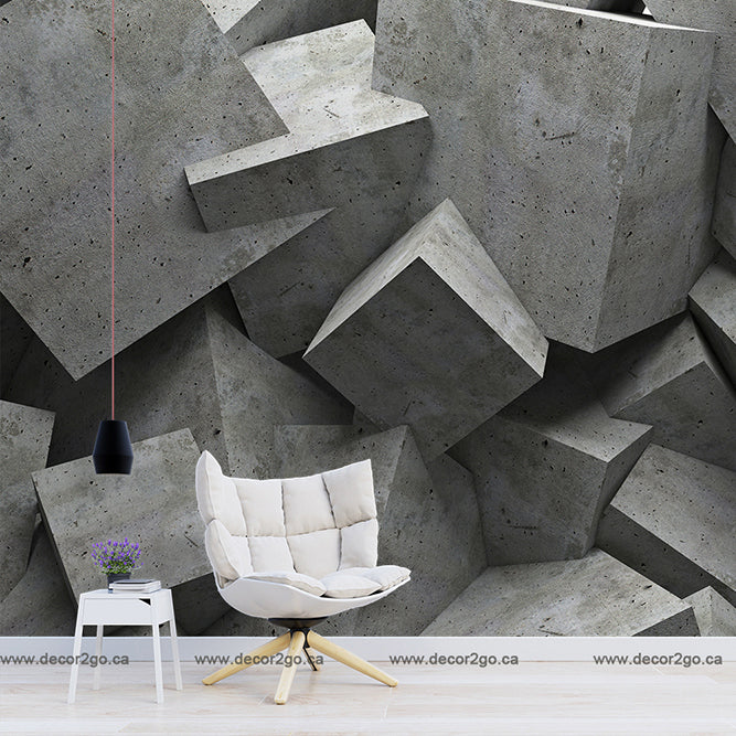 Abstract 3D mural featuring a textured arrangement of concrete cubes, creating a modern and industrial aesthetic for interior decor