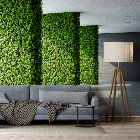 Living Room with mural  modern hallway with columns and plants