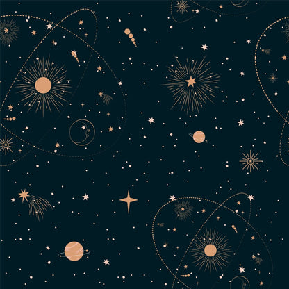 Illustration of a dark blue space-themed background with planets, stars, and orbit paths in gold and white tones, creating a Decor2Go Wallpaper Mural.