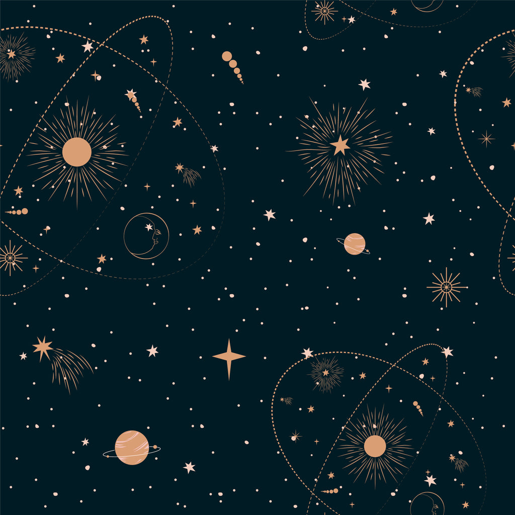 Illustration of a dark blue space-themed background with planets, stars, and orbit paths in gold and white tones, creating a Decor2Go Wallpaper Mural.