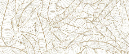 An intricate line drawing featuring a dense pattern of various overlapping golden leaves, depicted with detailed, fine lines to emphasize their texture and shapes, like the Golden Escape Wallpaper Mural by Decor2Go Wallpaper Mural.