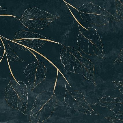 Elegant dark teal background with Decor2Go Wallpaper Mural's Golden Leaves Wallpaper Mural, creating a sophisticated, botanical artistic wallpaper.