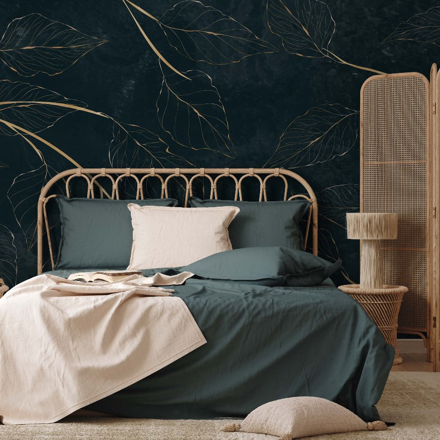 A stylish bedroom with a teal bed, white pillows, and duvet on a golden frame against a dark textured wall adorned with oversized Decor2Go Wallpaper Mural. A wooden screen and woven basket add a cozy vibe.