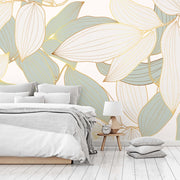 Bedroom - A modern bedroom featuring a bed with gray bedding and white pillows, a wooden nightstand with a lamp and clock, and a Decor2Go Wallpaper Mural in soft pastel tones.