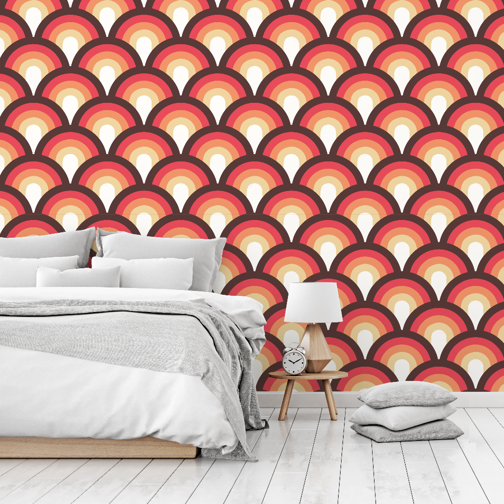 Retro Bedroom with wallpaper in the background in color as brown, orange and yellows in arcs