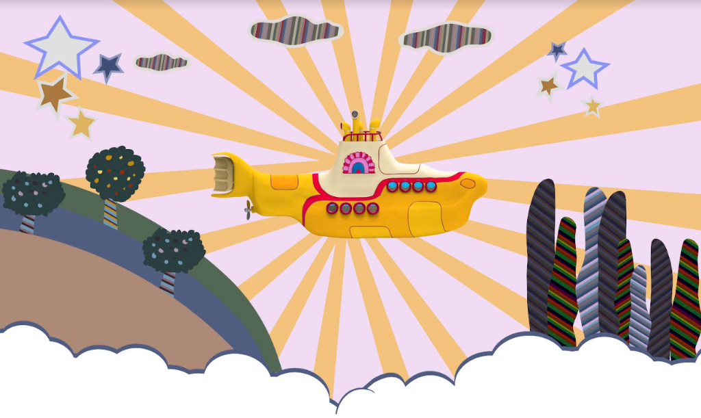 Illustration of a whimsical yellow submarine adorned with a crown, floating in a colorful, fantastical landscape. This enchanting scene, perfect for Decor2Go Wallpaper Mural’s A Rainbow of Fun Wallpaper Mural, features radiating orange lines, stars, clouds, and stylized trees and hills, creating a dreamy and cheerful atmosphere.