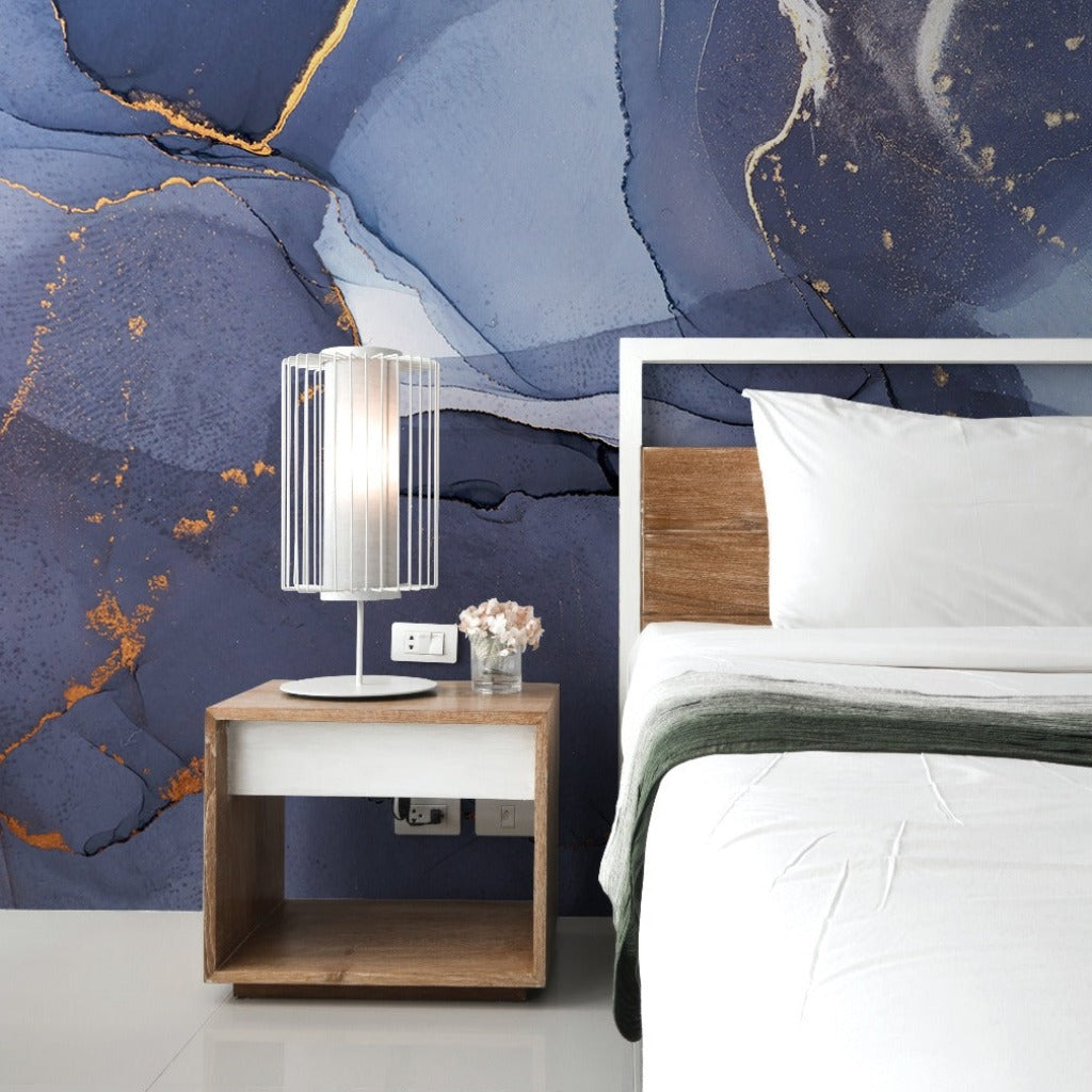Bedroom with abstract ink wallpaper