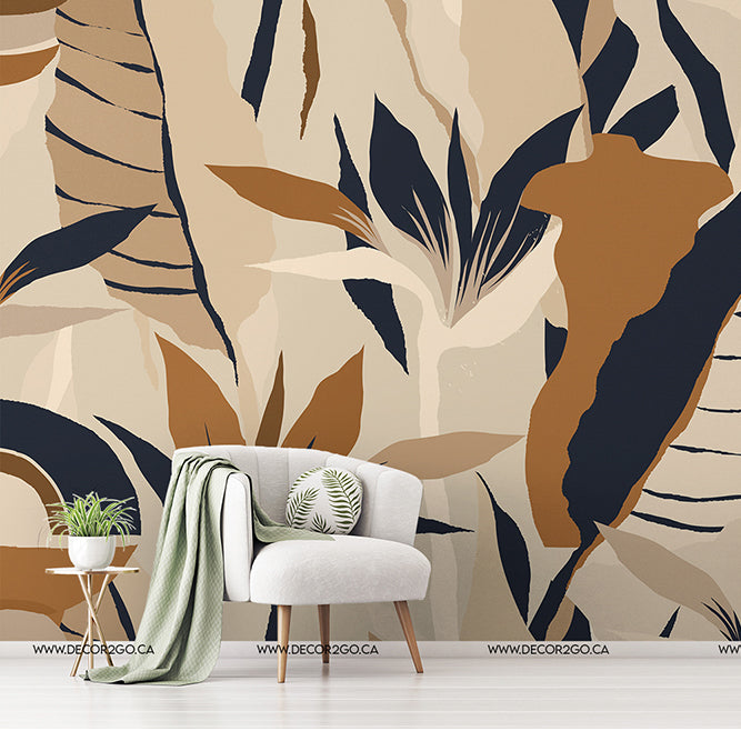 Living Room - Living Room with a tropical and neutral style in the back wall a Abstract Exotic Jungle wallpaper mural. Orange and Dark gray color wallpaper on the cream taupe background