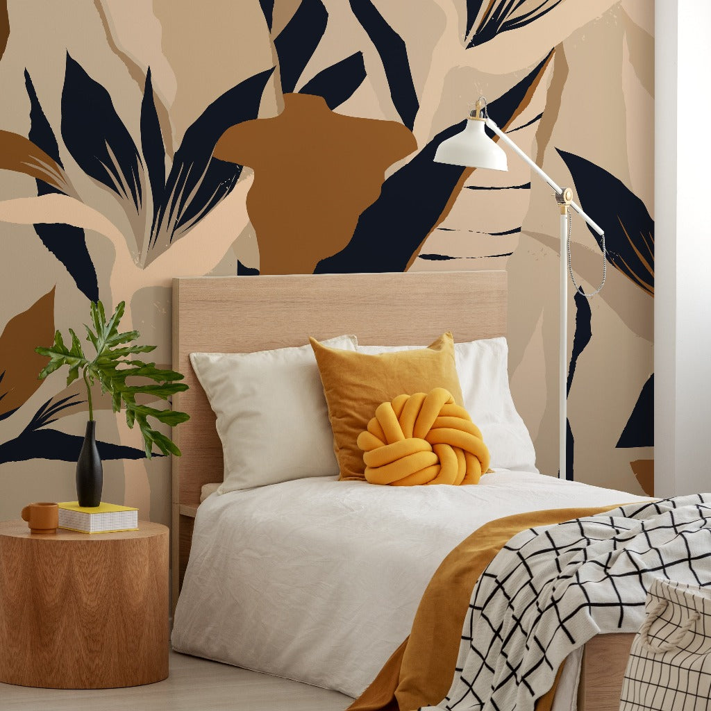 Bedroom boho style with s Abstract Exotic Jungle wallpaper mural. Orange and dark gray patten for the bedroom