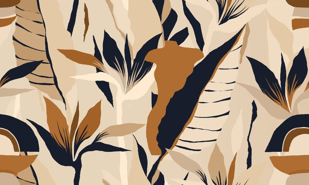  tropical and neutral style in the back wall a Abstract Exotic Jungle wallpaper mural. Orange and Dark gray color wallpaper on the cream taupe background