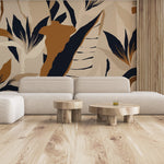 Living Room with a tropical and neutral style in the back wall a Abstract Exotic Jungle wallpaper mural. Orange and Dark gray color wallpaper on the cream taupe background