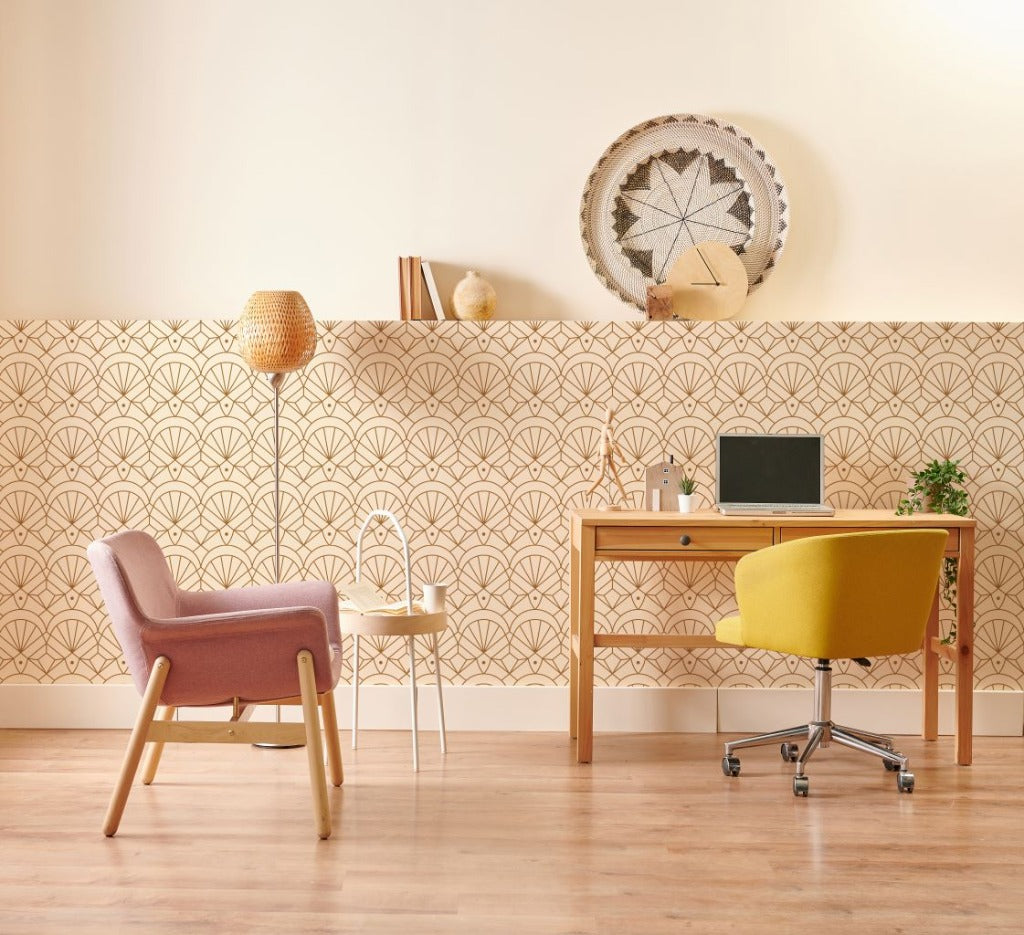 Office space yellow chair and pink chair. Boho decoration, with a beautiful retro wallpaper 