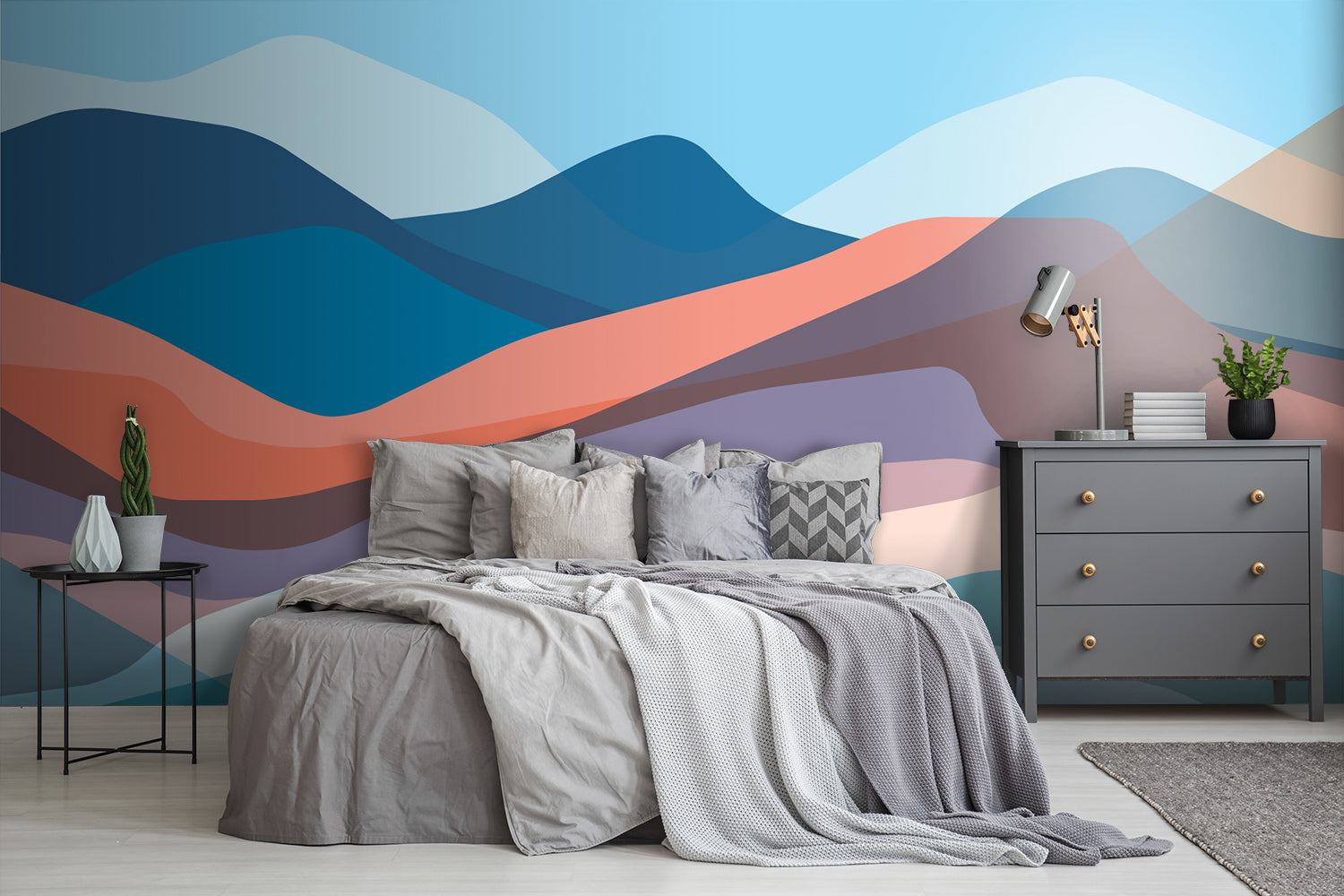 Bedroom - Modern bedroom in greys with a soft color wallpaper  with a abstract mountains shape