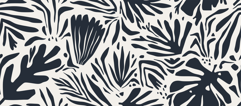 Decor2Go Abstract Nature Wallpaper Mural featuring various dark blue leaf and plant shapes on a light gray background, creating a minimal abstract design.