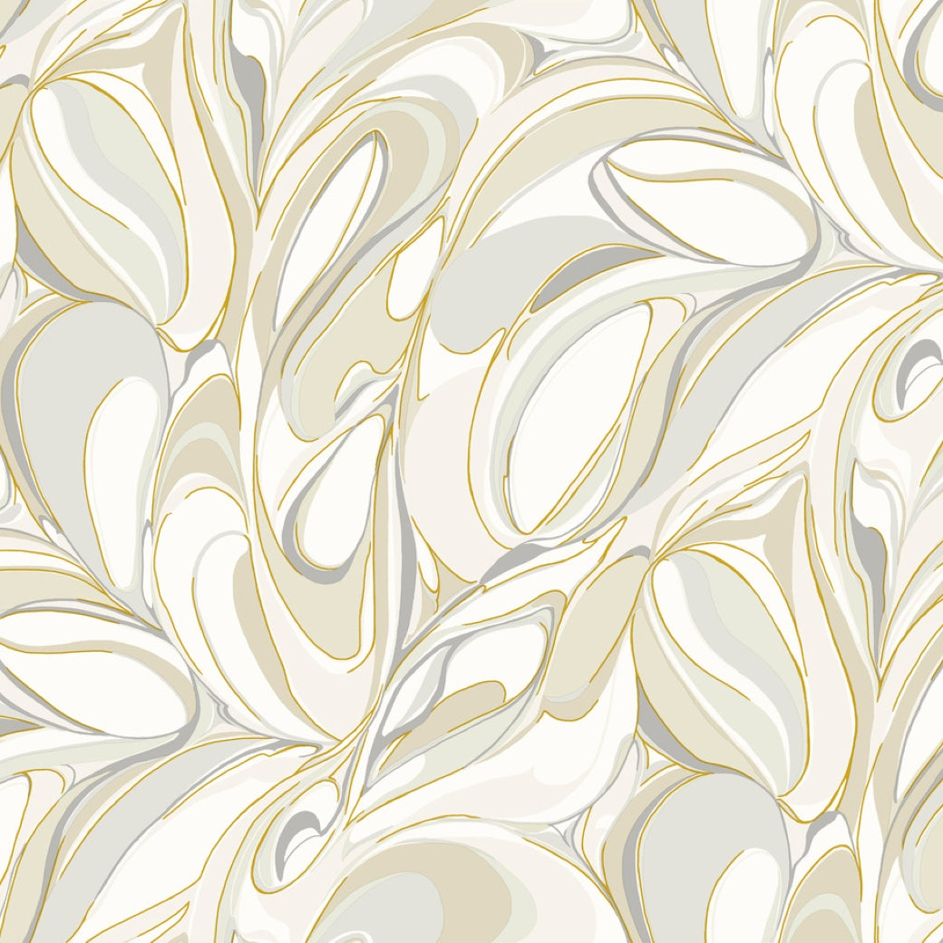 Achate Beige & Grey Wallpaper by York Wallcoverings features swirling marble-like shapes in soft beige, cream, gray, and gold with delicate metallic veining, creating an elegant and fluid marbled look for your space (covers 60 SqFt).