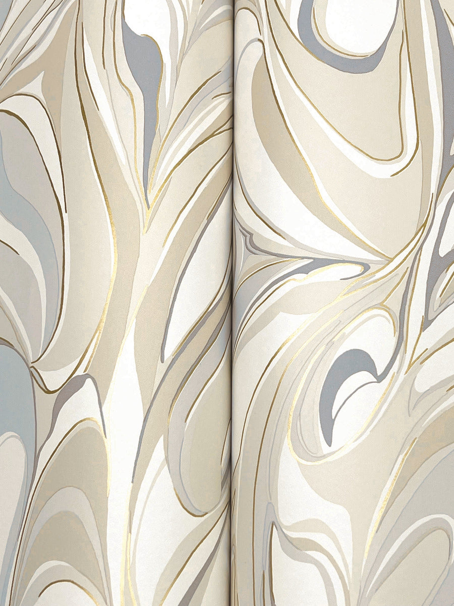 The Achate Beige & Grey Wallpaper (60 SqFt) by York Wallcoverings features abstract swirling beige, cream, gold, grey, and pale blue tones with metallic gold veining and a split-panel marble effect for a smooth, elegant look.