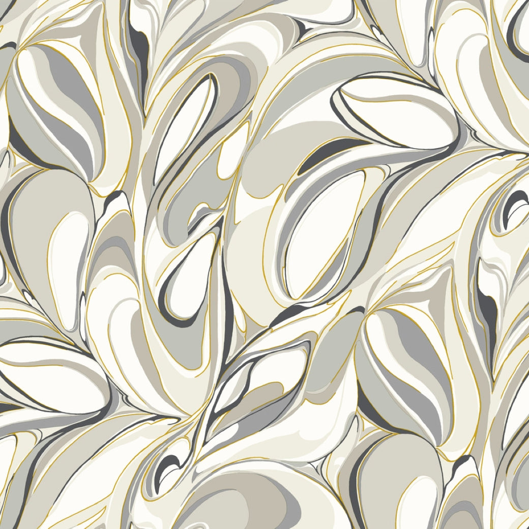 Achate Black & Grey Wallpaper by York Wallcoverings features swirling marbled patterns in beige, gray, white, and pale gold for a sophisticated agate-inspired look—ideal for adding elegant, organic style to your space. Covers 60 SqFt.