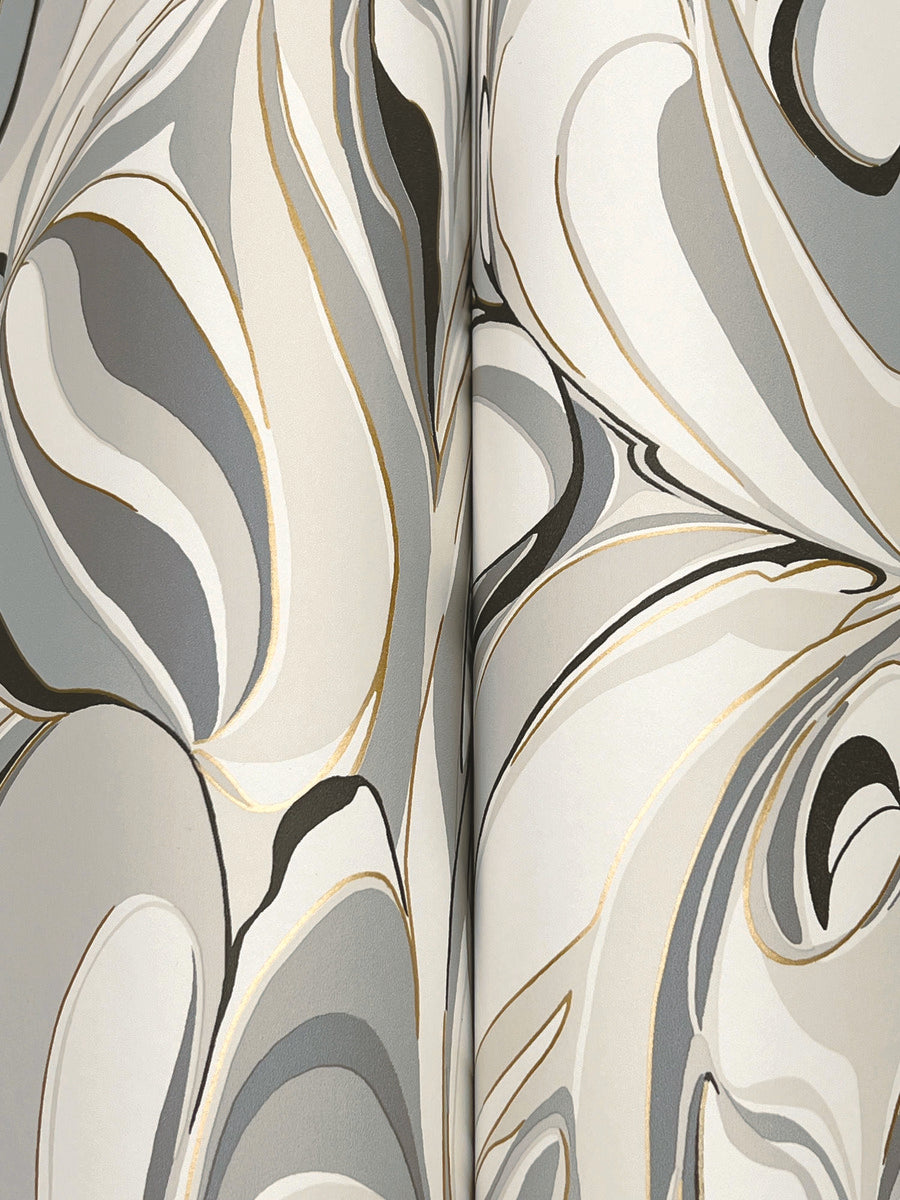 The Achate Black & Grey Wallpaper by York Wallcoverings features a stylish abstract design with swirling gray, cream, beige, and black shapes and subtle gold accents. Its smooth, glossy texture adds modern elegance to your space. Covers 60 SqFt.