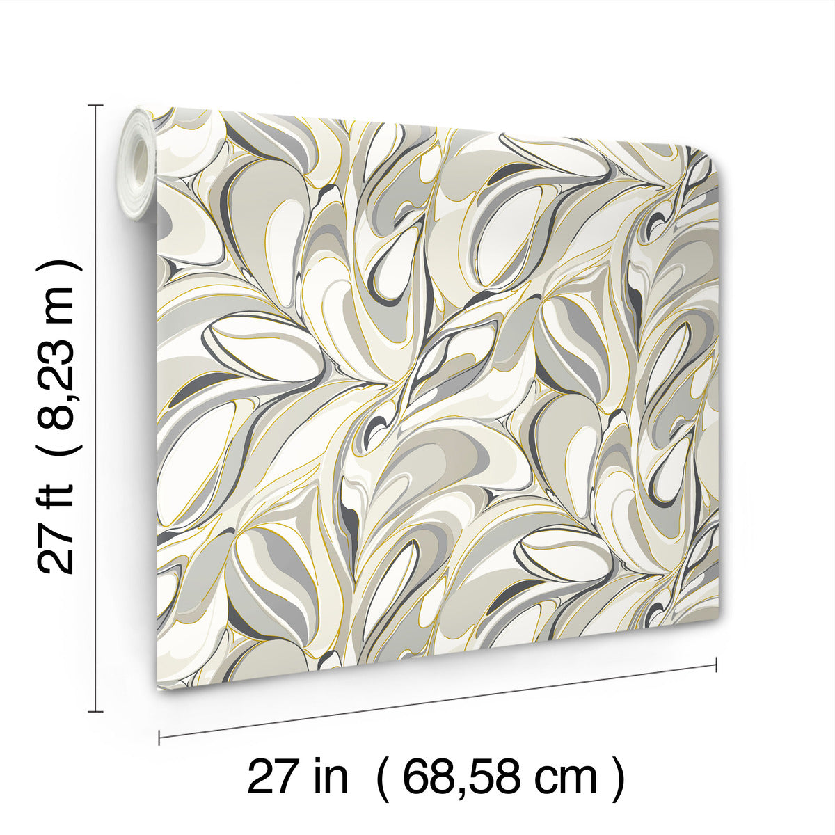 Achate Black & Grey Wallpaper by York Wallcoverings features a marbled, swirling abstract pattern in gray, white, and yellow. Each roll measures 27 ft long x 27 in wide and covers 60 sq ft.