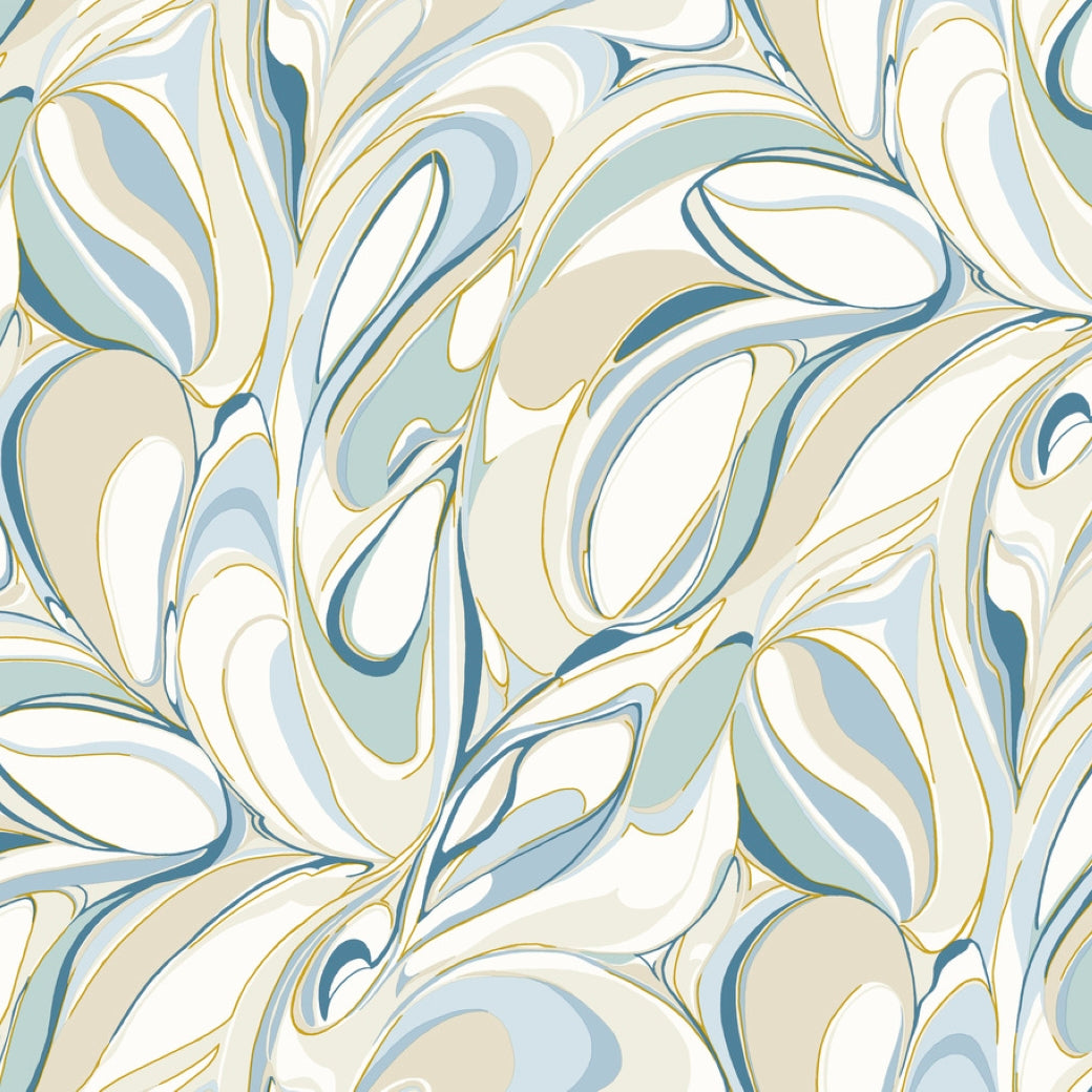 Achate Blue Wallpaper by York Wallcoverings features swirling blue, beige, white, and gold patterns with a marbled, fluid texture for an organic look; covers 60 SqFt.