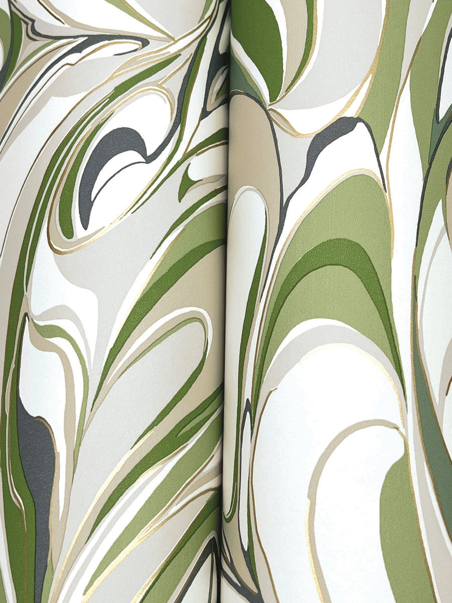 A close-up of the Achate Grass Wallpaper (60 SqFt) by York Wallcoverings, featuring delicate, marbled patterns.