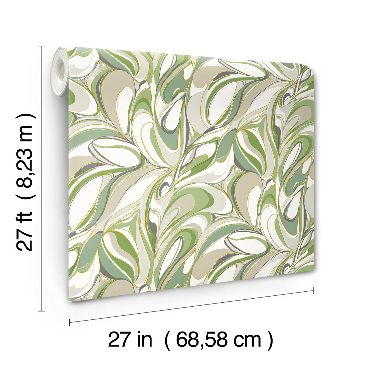 The Achate Grass Wallpaper by York Wallcoverings is shown in a marbled green, white, and beige abstract leaf pattern. Each roll measures 27 ft long by 27 in wide, covering 60 sq ft.