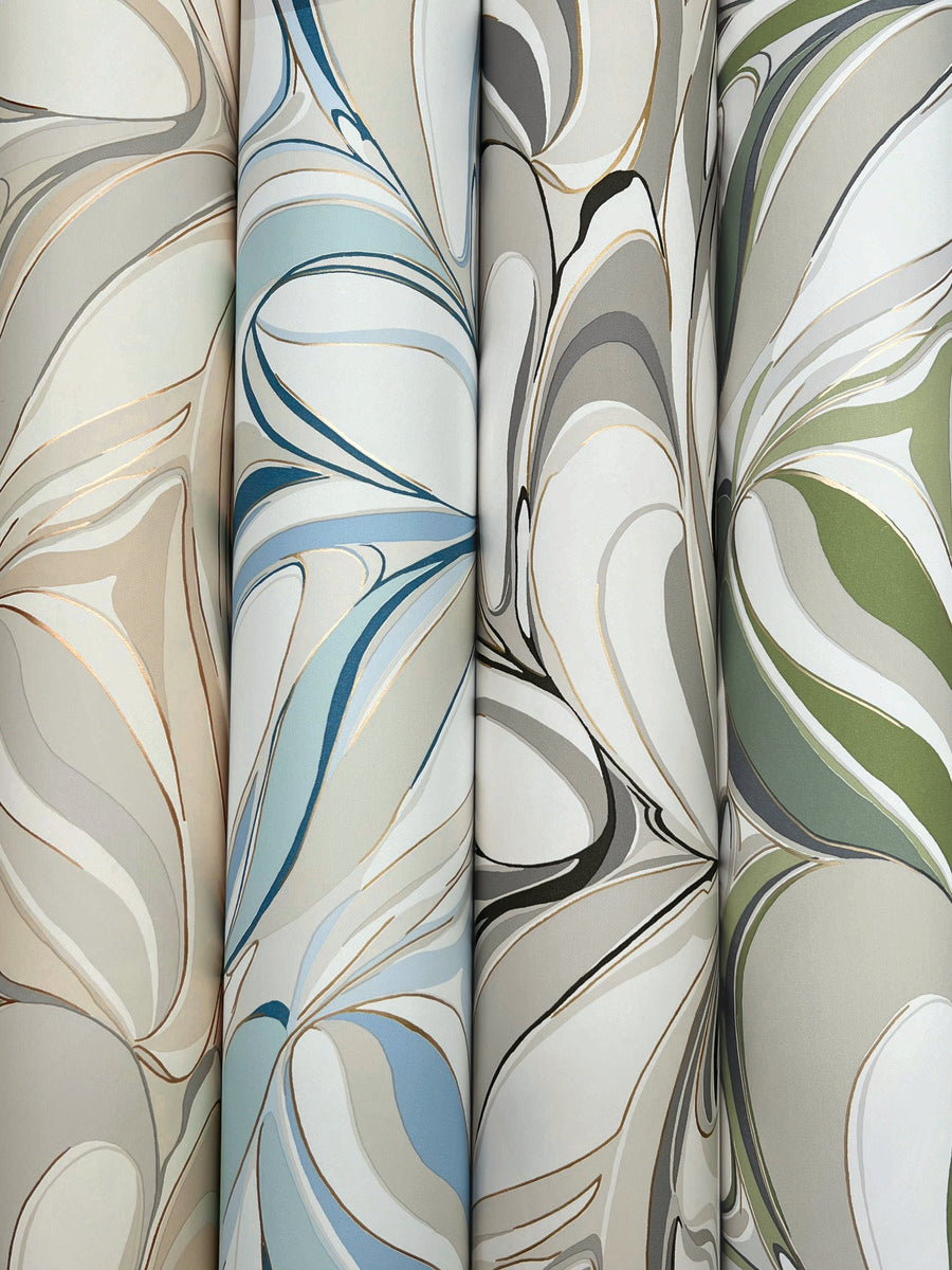 Four rolls of Achate Grass Wallpaper by York Wallcoverings (60 SqFt each) featuring abstract marble patterns in neutral, blue, green, and gray tones are arranged side by side.