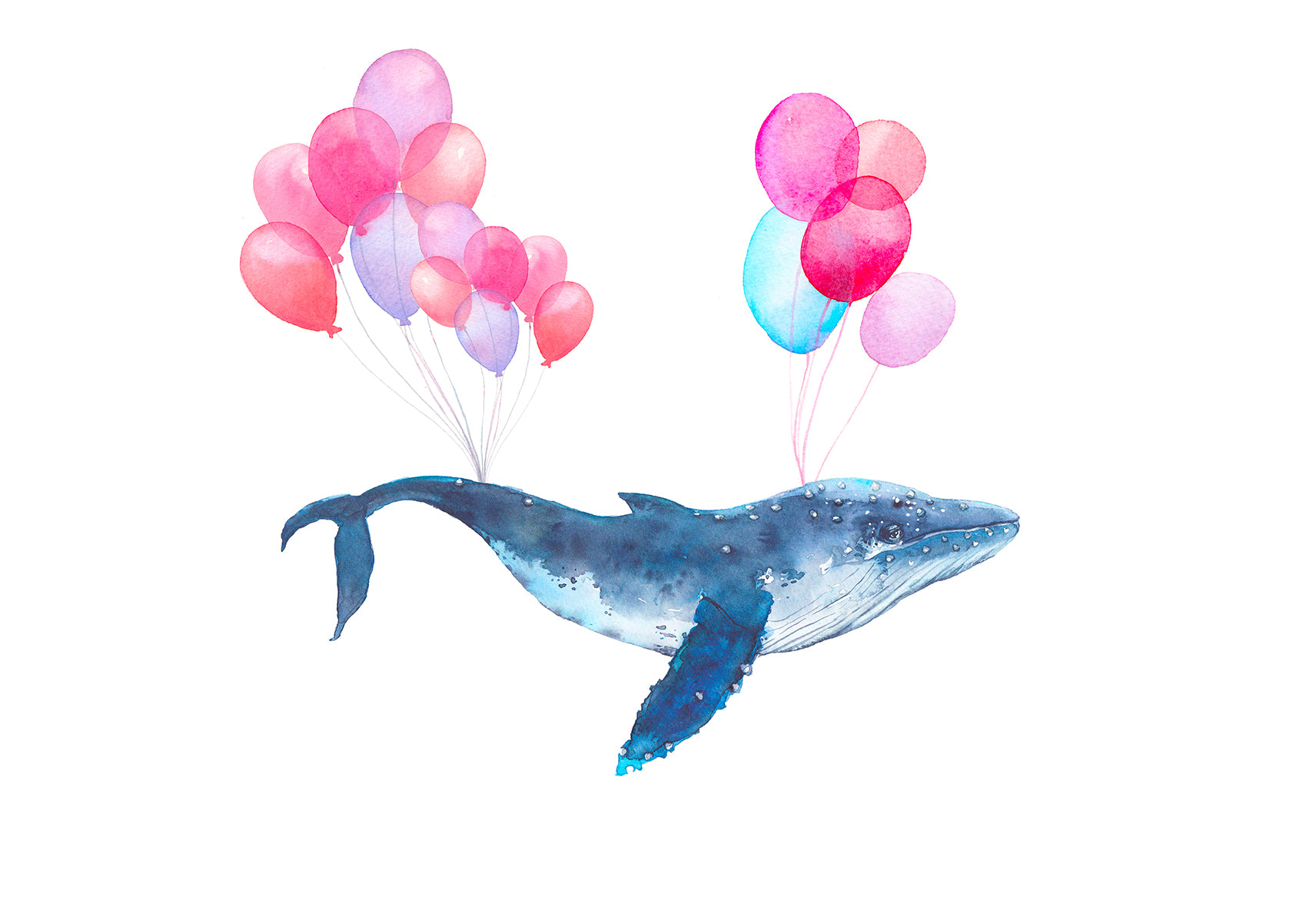 Bedroom - A whimsical watercolor illustration of a blue whale floating in the air, lifted by an assortment of pink and blue balloons tied to its fins. The Decor2Go Wallpaper Mural's "Air Balloon Whale" creates a clean, airy feel with its white background, making it perfect for children's bedroom decor.
