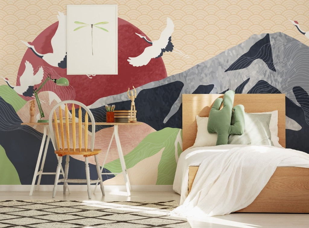 Bedroom - kids bedroom and desk with an amazing wallper with mountains, birdrs and the sunset