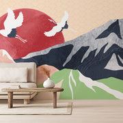 Living Room - Living room asian wallpaper with mountains and birds